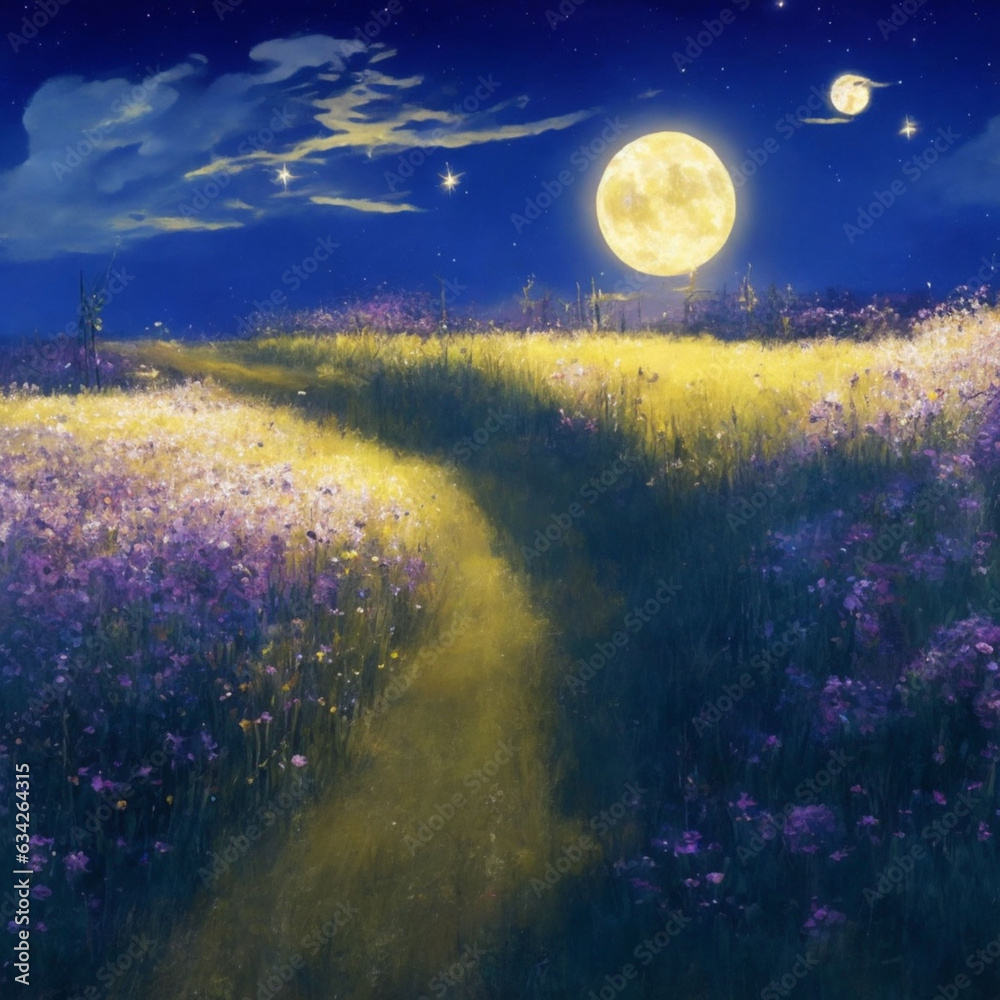 Beautiful summer landscape with full moon and flowers. Digital painting.ai generated