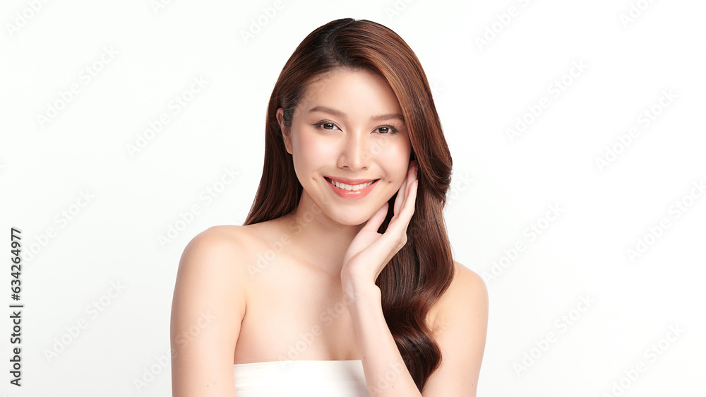 Fototapeta premium Beautiful young asian woman with clean fresh skin on white background, Face care, Facial treatment, Cosmetology, beauty and spa, Asian women portrait.