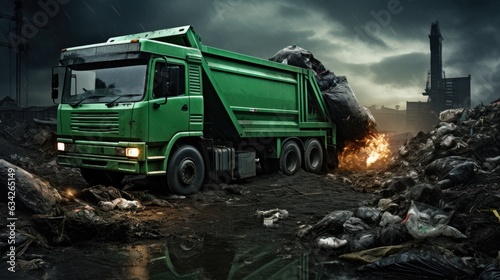 A garbage truck dumping out the trash. Garbage truck at work. Dump truck in the trash. Garbage trucks dump tons of trash in the hole. Ecology problems.