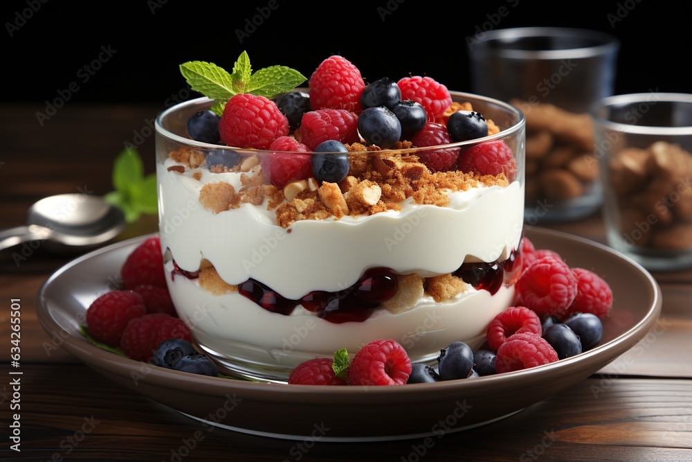 Greek Yogurt Parfait with Fresh Berries: Layers of Greek yogurt, granola, and fresh berries for a delightful and protein-rich treat.Generated with AI Greek Yogurt Parfait with Fresh Berries: Layers of Greek yogurt, granola, and fresh berries for a delightful and protein-rich treat.Generated with AI