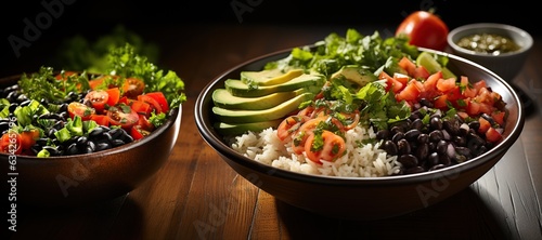Brown Rice and Black Bean Burrito Bowl: A hearty bowl with brown rice, black beans, avocado, and salsa for a satisfying meal.Generated with AI.