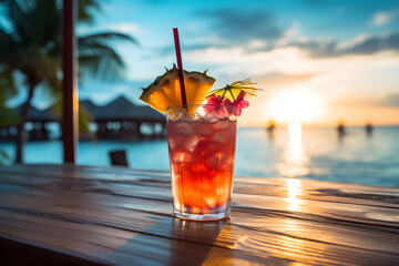 Drink cocktail summer tropical sunny beach drink bar at sunset
