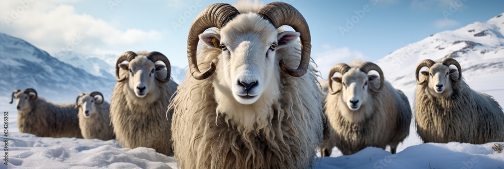 A Group Of Rams Standing In The Snow. Rams, Snow, Groups, Adaptation, Winter, Sheep, Behaviour, Communication, Survival, Herding, Migration, Temperature, Landscape, Environment, Migration, Wool
