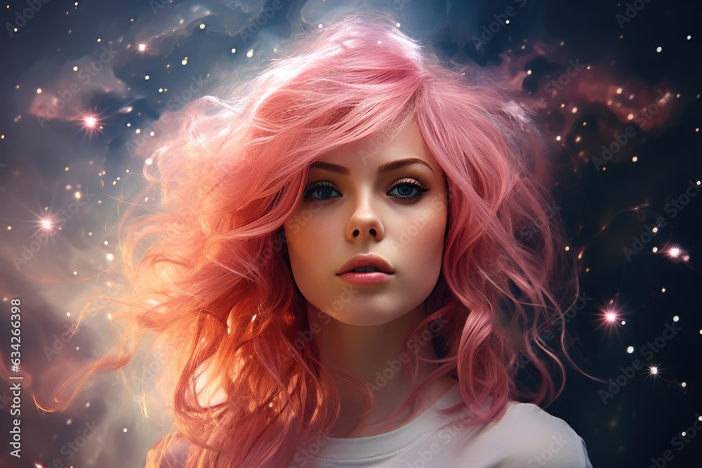 A Digital Painting Of A Woman With Pink Hair. Digital Painting, Women In Art, Pink Hair, Representation Of Femininity, Color Theory, History Of Art, Creating Images Digitally, Storytelling Through Art
