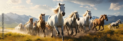 Leinwand Poster A Group Of Horses Running Through A Field