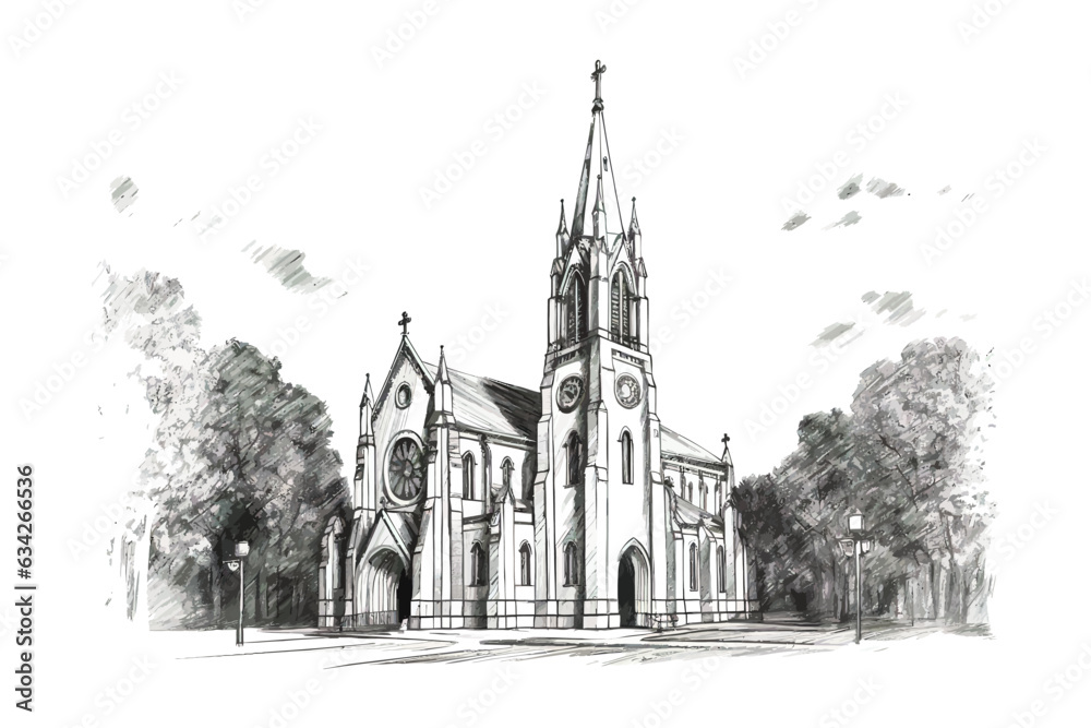 Catholic church hand drawn sketch. Vector illustration design. - obrazy, fototapety, plakaty 