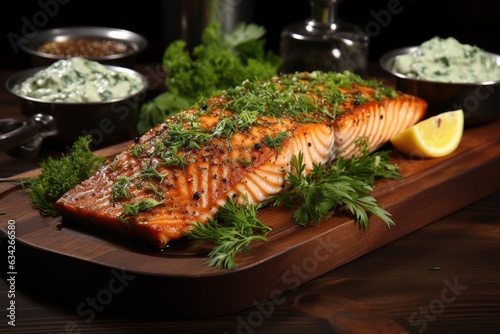 Grilled Salmon with Lemon-Dill Sauce: Tender and flavorful grilled salmon topped with a zesty lemon-dill sauce.Generated with AI