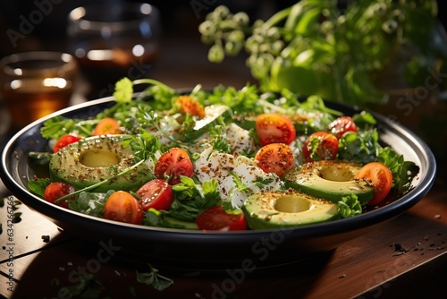Fresh Garden Salad with Mixed Greens: A refreshing salad with a mix of crisp vegetables and tangy vinaigrette dressing.Generated with AI