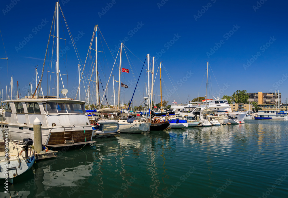 Luxury boats in Marina Del Rey harbor in Los Angeles County, Southern California