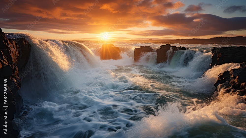 Godafoss Waterfall, Flow, Place, Skjalfandafljot River Iceland telephoto lens sunset