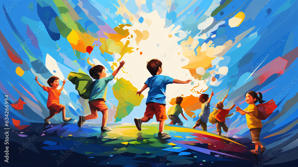 A painting of a group of children playing on a colorful background