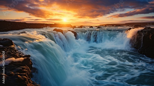 Godafoss Waterfall  Flow  Place  Skjalfandafljot River Iceland telephoto lens sunset