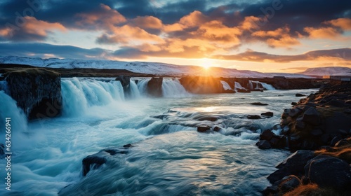 Godafoss Waterfall, Flow, Place, Skjalfandafljot River Iceland telephoto lens sunset