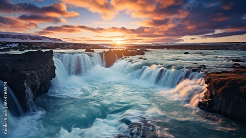 Godafoss Waterfall  Flow  Place  Skjalfandafljot River Iceland telephoto lens sunset