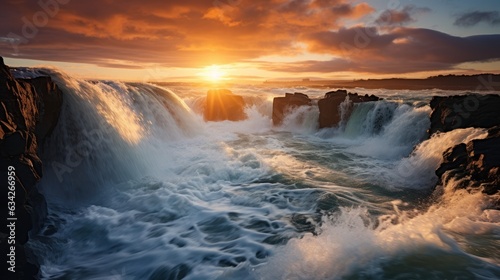 Godafoss Waterfall, Flow, Place, Skjalfandafljot River Iceland telephoto lens sunset