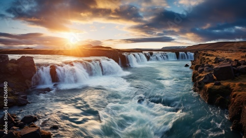 Godafoss Waterfall, Flow, Place, Skjalfandafljot River Iceland telephoto lens sunset