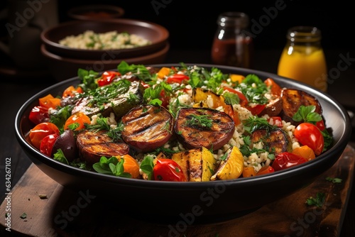 Quinoa and Roasted Vegetable Bowl: Nutrient-packed quinoa paired with colorful roasted vegetables for a satisfying and wholesome meal.Generated with AI