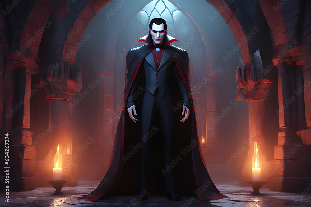 A vampire with fangs and a cape. Fantasy concept. Generative AI
A vampire with fangs and a cape. Fantasy concept. Generative AI