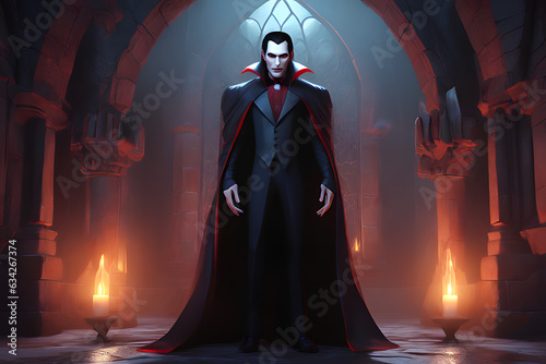 A vampire with fangs and a cape. Fantasy concept. Generative AI
