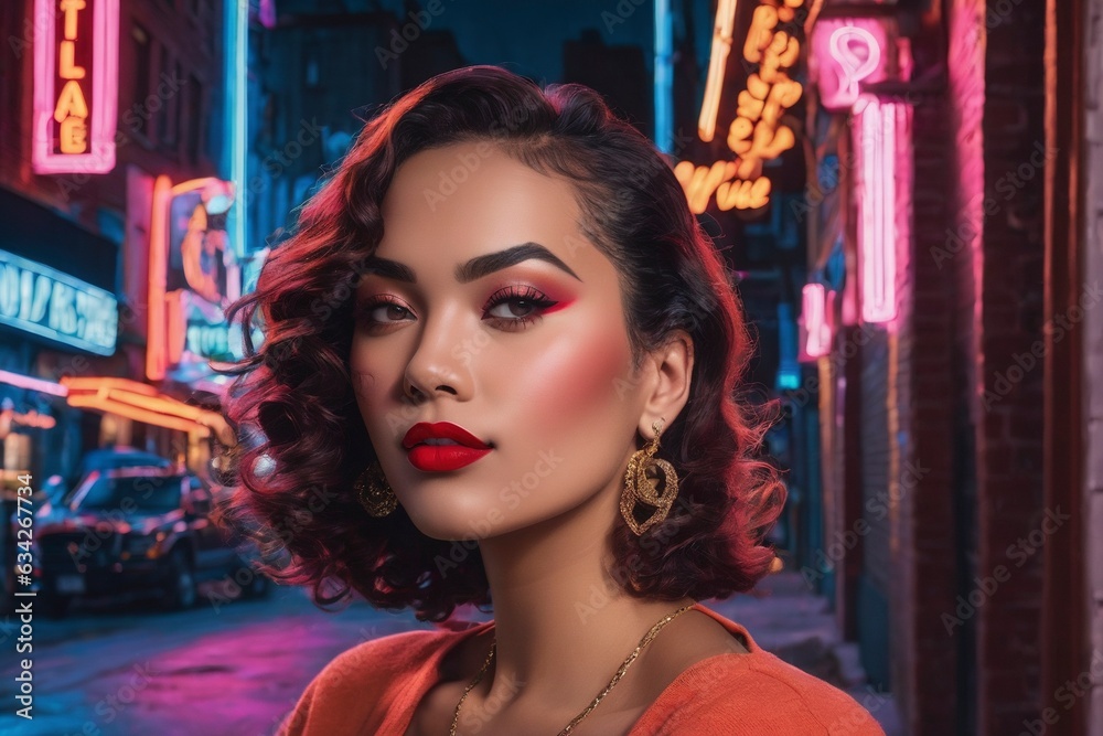 Fototapeta premium Glamour model in Neon lit streeet