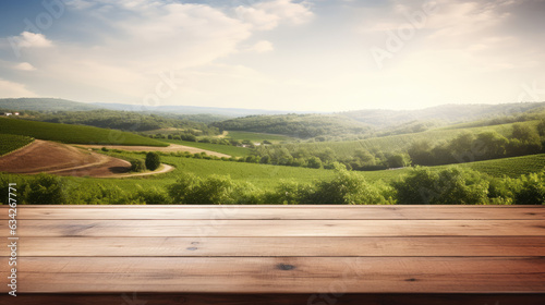 Empty wood table top with on blurred vineyard landscape background, for display or montage your products. Agriculture winery and wine tasting concept. digital ai art, Generative Ai