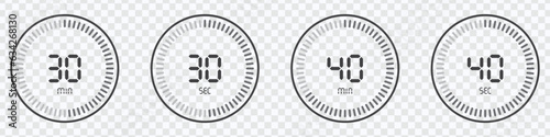 Timer countdown with minutes and seconds Icons. Stopwatch digital countdown timer,  eps 10