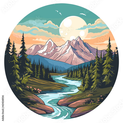 AI generated, vector illustration, illustration for T-shirt, camping, wilderness adventure, landscape with forest and huge Mountains in the background. Logo design for adventure company.