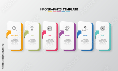 Business infographic template process with simple geometry square, rectangle, circle, triangle, curves in flat design template with thin line icons and 6 options or steps. Vector illustration.