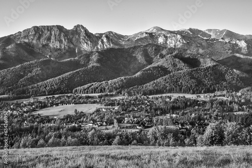 black and white panorama of the Tatras, view of Giewont, beautiful mountain landscape