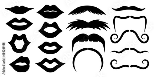Set of moustaches, beards and lips. Vintage logo moustaches silhouette, black mustaches. Retro gentleman moustaches.