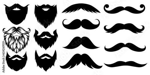 Set of moustaches  beards and lips. Vintage logo moustaches silhouette  black mustaches. Retro gentleman moustaches.