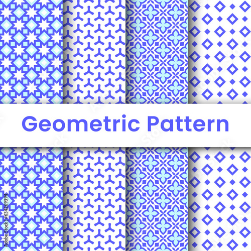 Collection of seamless ornamental vector patterns and swatches. White and blue geometric oriental backgrounds.