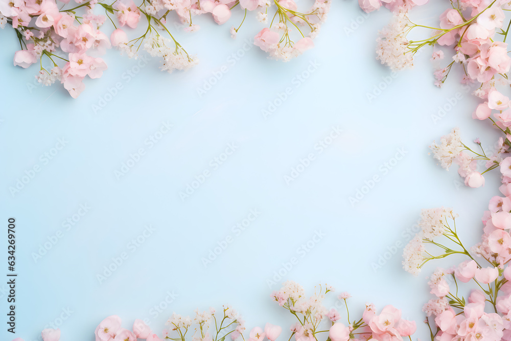 romantic floral frame with tiny delicate pink wax flowers sprinkled over a pale pastel blue background, copy space / space for your text