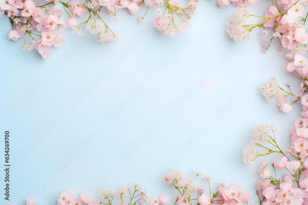 romantic floral frame with tiny delicate pink wax flowers sprinkled over a pale pastel blue background, copy space / space for your text romantic floral frame with tiny delicate pink wax flowers sprinkled over a pale pastel blue background, copy space / space for your text