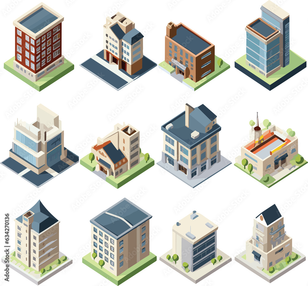 Building isometric icon set.Generative AI. Building isometric icon set.Generative AI.