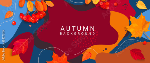 Autumn horizontal banner with colorful autumn leaves,rowanberries,place for text on abstract background.Fall season flyers,presentations,reports promo,web,leaflet,poster,invitation.Vector illustration