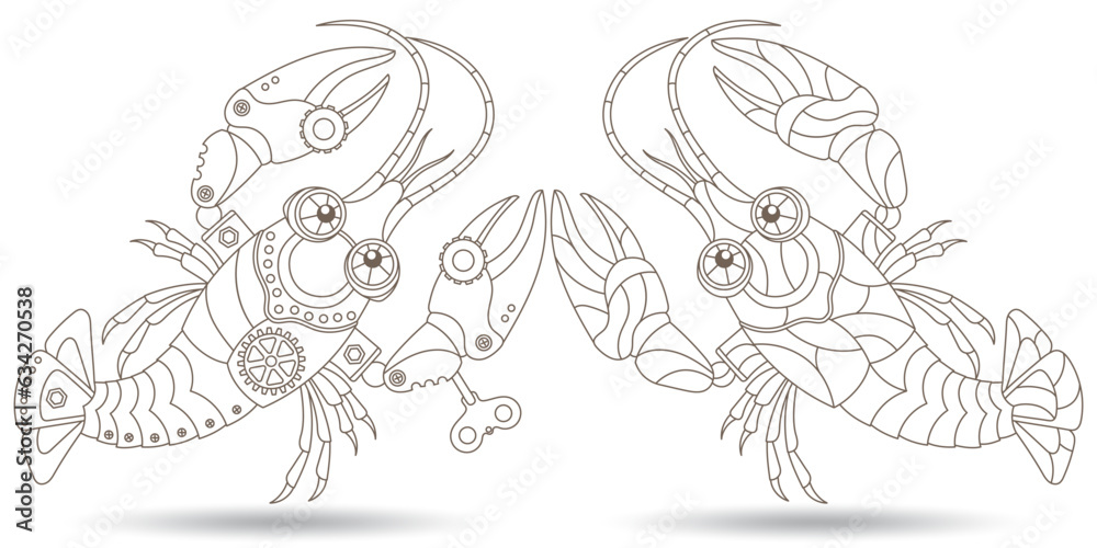 Set of contour illustrations in the style of stained glass with steam punk signs of the zodiac cancer , dark contours on a white background