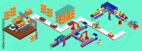 3D isometric automated warehouse robots and Smart warehouse technology Concept with Warehouse Automation System, Autonomous robot, Transportation operation service. Vector illustration EPS 10