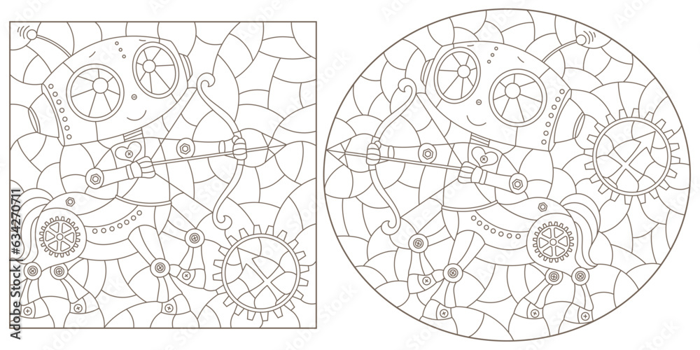 Set of contour illustrations in the style of stained glass with steam punk signs of the zodiac Sagittarius, dark contours on a white background