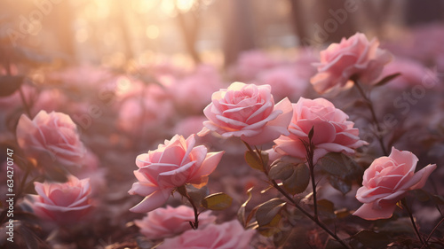 mehrere rosane pinke Rosen in Blütezeit. Querformat. Generative Ai.