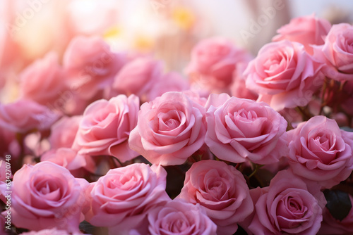 mehrere rosane pinke Rosen in Blütezeit. Querformat. Generative Ai. © Michael