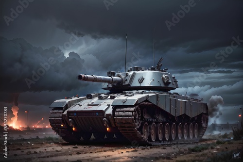 battle tank in battlefield. Military heavy vehicle. Army equipment for war and defense. Generative AI