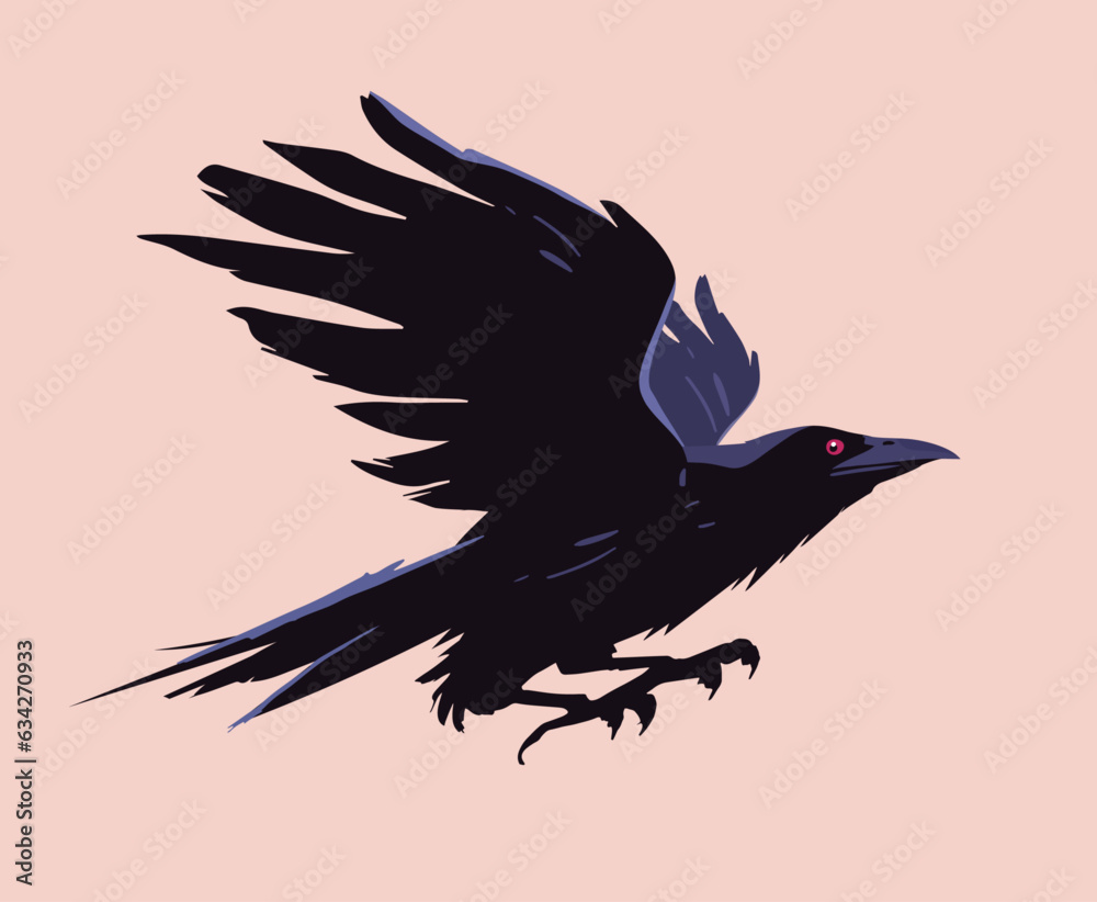 Fototapeta premium A crow, a black raven with a red eye. A bird in flight. Vector illustration in a flat style.
