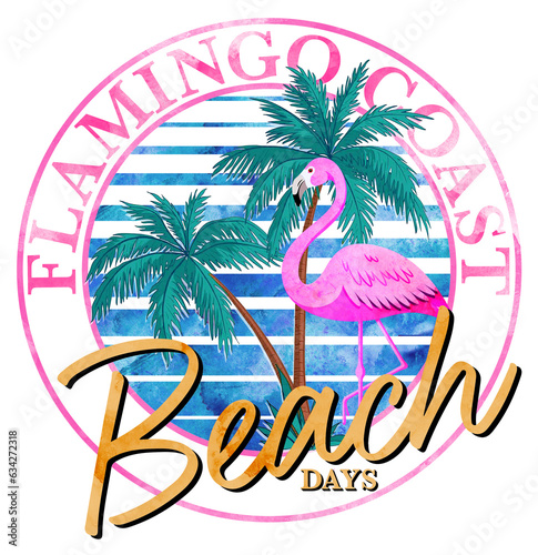 flamingo graphic with sea and palms