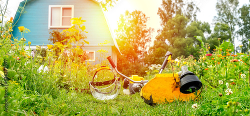 grass trimmer on mown grass photo