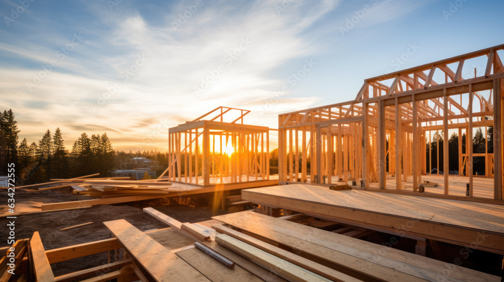 Wooden framework: house under construction in progress