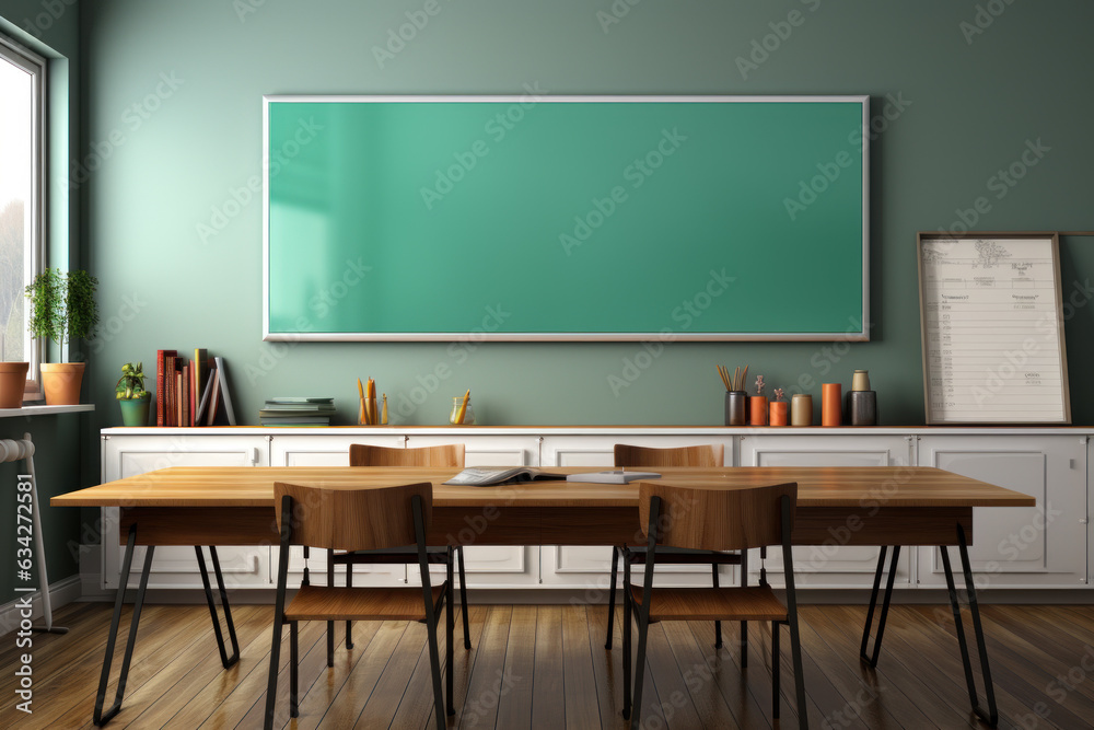 Classroom with Blackboard and Desks. Classroom with Blackboard and Desks.