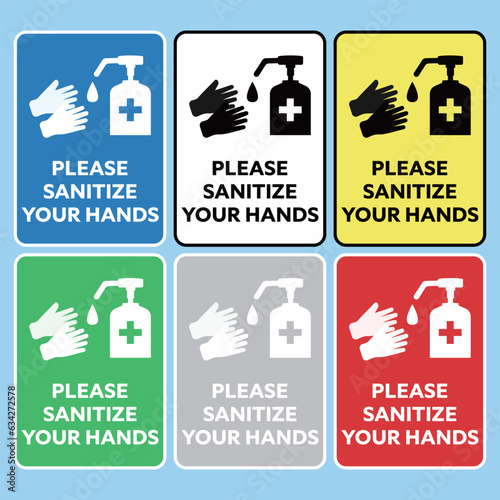 Please sanitize your hands sign vector. Sanitize hands. Sign poster. Hand sanitizer dispenser alcohol liquid. Alcohol spray bottle. Medical disinfection, 75% alcohol disinfectant, hand washing.