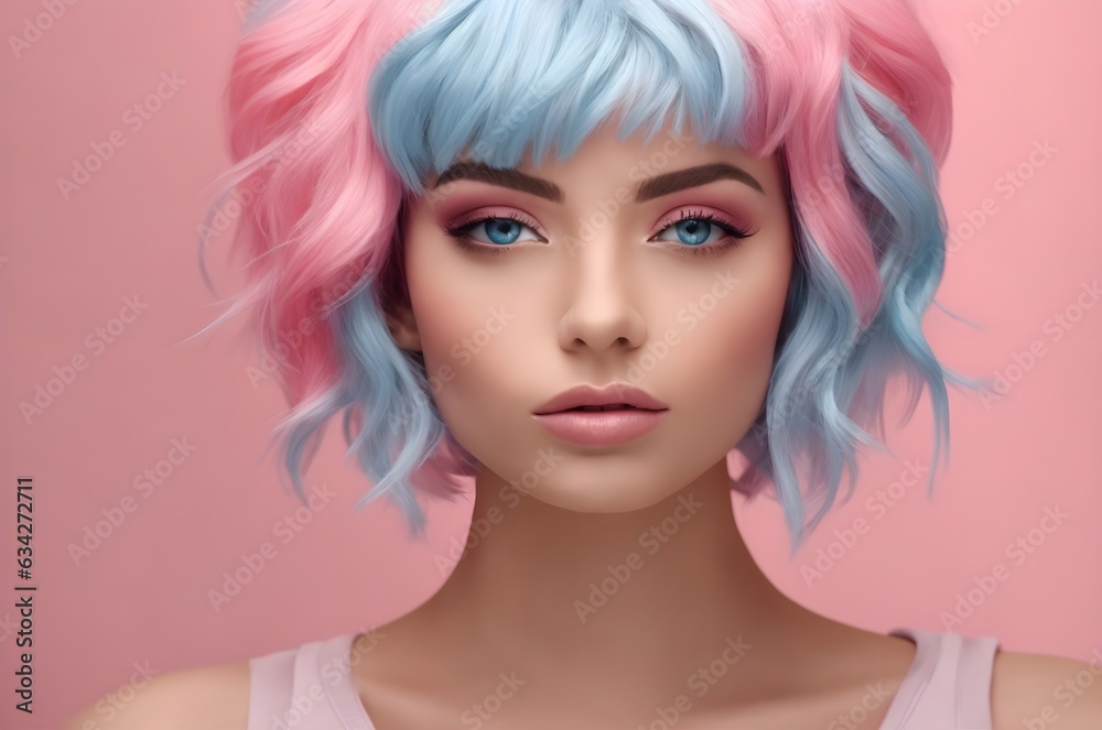 Artistic portrait, beautiful caucasian girl with pink blue hair on pink background, fashion banner with copy space text Artistic portrait, beautiful caucasian girl with pink blue hair on pink background, fashion banner with copy space text