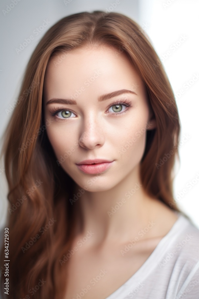 portrait of a beautiful young woman with flawless skin posing against a white background